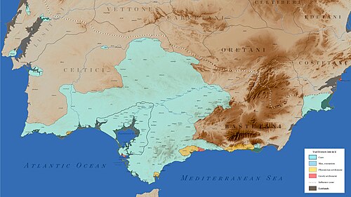 Mapa de la extensión del pueblo tartésico y otros mediterráneos hacia el 500 A.C.