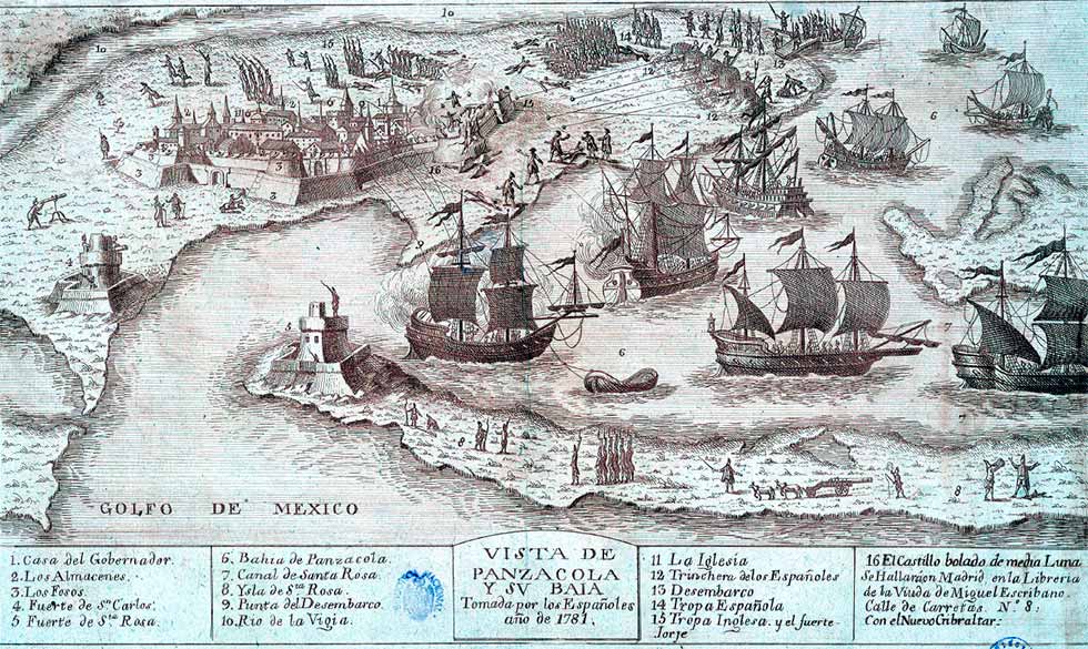 Grabado de la batalla de Pensacola de 1781